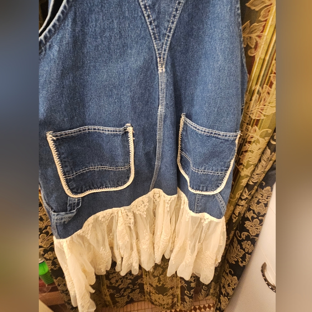 Free People Carhartt Blue Denim Overall Dress with Cream Lace, Handmade - Picture 2 of 8
